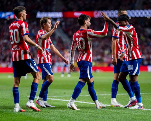 Atletico de Madrid v Malaga CF - LaLiga EA Sports Players of Atletico de Madrid (from L to R) Dani Martinez, Kang-in Lee, Alex Baena, Ademola Lookman celebrates a goal during the LaLiga EA Sports football match between Atletico de Madrid v Malaga CF at Estadio Riyadh Air Metropolitano on August 19, 2026 in Madrid, Spain. Madrid Estadio Riyadh Air Metropolitano Madrid Spain Copyright: xAlbertoxGardinx AGardin_20260819_Foot_Liga_Atl_Mal_0287