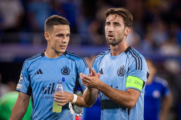 SLOVAN BRATISLAVA - CELJE Svetozar Markovic, Andraz Sporar of Slovan thank to the fans after the first leg of play off round of UEFA Champions league football match between SK SLovan Bratislava and Celje at the Tehelne Pole Narodny futbalovy stadion. Bratislava, Slovakia, August 19, 2026. Copyright: xx 080A0878