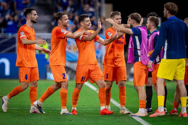 SLOVAN BRATISLAVA - CELJE Milot Avdyli of Celje celebartes a goal with Darko Hrka, Pijus Sirvys, Artemijus Tutyskinas during the first leg of play off round of UEFA Champions league football match between SK SLovan Bratislava and Celje at the Tehelne Pole Narodny futbalovy stadion. Bratislava, Slovakia, August 19, 2026. Copyright: xx 080A9293