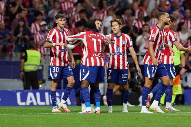 Atletico Madrid vs Malaga CF at Riyadh Air Metropolitano stadium in Madrid, Spain - 19 Aug 2026 (From L to R) Daniel Martinez of Atletico Madrid, Alex Baena of Atletico Madrid, Ademola Lookman of Atletico Madrid, Lee Kang-in of Atletico Madrid, David Hancko of Atletico Madrid and Robin Le Normand of Atletico Madrid celebrate a goal during the LaLiga EA Sports 2026 2027 week 1 football match between Atletico Madrid and Malaga CF at Riyadh Air Metropolitano stadium. Final score; Atletico Madrid 2:0 Malaga CF Madrid Spain Copyright: xFedericoxTitonex xSOPAxImagesx Federico-Titone-1443125