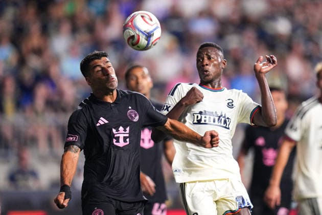 August 19, 2026: Inter Miami Foward Luis Suarez (9) and Philadelphia Union Midfielder Danley Jean Jacques (21) battle for the ball during the first half of an MLS, Fussball Herren, USA match at Subaru Park in Chester, Pennsylvania. CSM Chester United States of America - ZUMAc04_ 20260819_zma_c04_119 Copyright: xKylexRoddenx