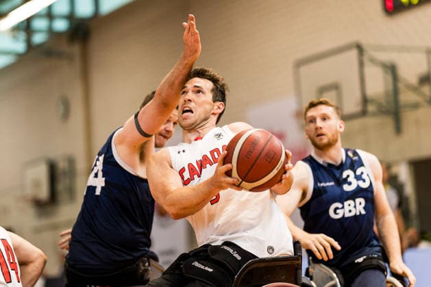 COLOGNE, GERMANY - AUGUST 20: Colin Higgins (Canada, 9) controls the ball against Lee Manning (Great Britain, 14) during a mens Nations Cup Cologne match between Canada vs. Great Britain at Sporthalle am Bergischen Ring on August 20, 2026 in Cologne, Germany. North Rhine Westphalia Germany Copyright: xSteffiexWunderlx