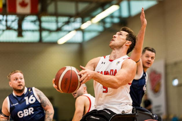 COLOGNE, GERMANY - AUGUST 20: Colin Higgins (Canada, 9) controls the ball against Lee Manning (Great Britain, 14) during a mens Nations Cup Cologne match between Canada vs. Great Britain at Sporthalle am Bergischen Ring on August 20, 2026 in Cologne, Germany. North Rhine Westphalia Germany Copyright: xSteffiexWunderlx