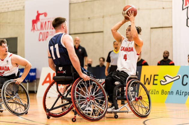 COLOGNE, GERMANY - AUGUST 20: Nik Goncin (Canada, 4) controls the ball against Phil Pratt (Great Britain, 11) during a mens Nations Cup Cologne match between Canada vs. Great Britain at Sporthalle am Bergischen Ring on August 20, 2026 in Cologne, Germany. North Rhine Westphalia Germany Copyright: xSteffiexWunderlx