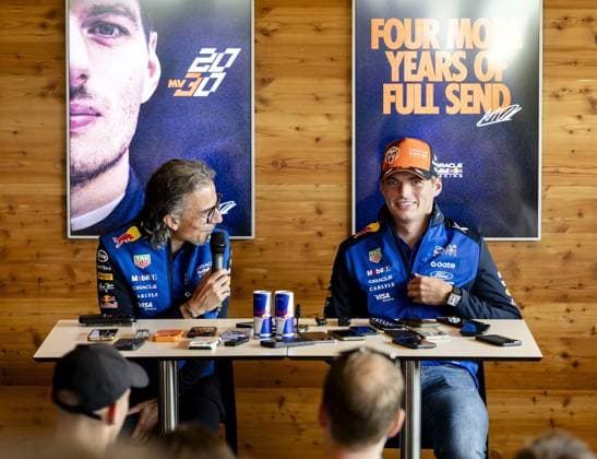 ZANDVOORT - Max Verstappen (Red Bull Racing) gives a press conference, PK, Pressekonferenz with team principal Laurent Mekies (L) at the Zandvoort Circuit ahead of the Dutch F1 Grand Prix. REMKO DE WAAL ANP xVIxANPxSportx xxANPxIVx 565863935 originalFilename: 565863935.jpg