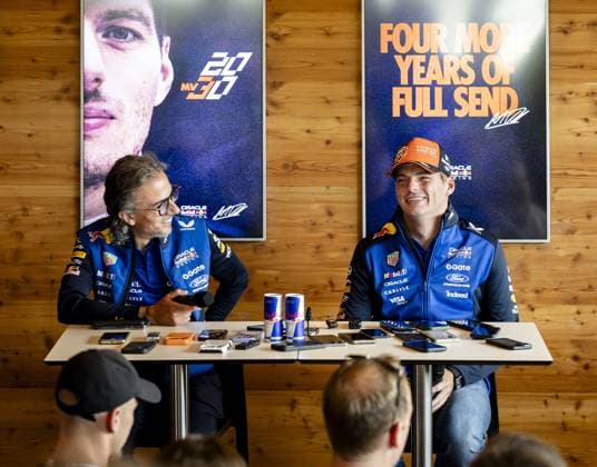 ZANDVOORT - Max Verstappen (Red Bull Racing) gives a press conference, PK, Pressekonferenz with team principal Laurent Mekies (L) at the Zandvoort Circuit ahead of the Dutch F1 Grand Prix. REMKO DE WAAL ANP xVIxANPxSportx xxANPxIVx 565864086 originalFilename: 565864086.jpg