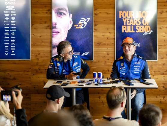 ZANDVOORT - Max Verstappen (Red Bull Racing) gives a press conference, PK, Pressekonferenz with team principal Laurent Mekies (L) at the Zandvoort Circuit ahead of the Dutch F1 Grand Prix. REMKO DE WAAL ANP xVIxANPxSportx xxANPxIVx 565864088 originalFilename: 565864088.jpg