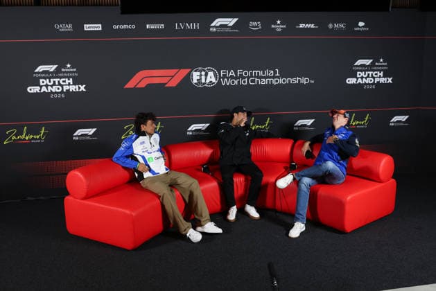 F1 - DUTCH GRAND PRIX 2026 press conference, PK, Pressekonferenz LINDBLAD Arvid (gbr), Visa Cash App RB F1 Team VCARB03, PEREZ Sergio (mex), Cadillac F1 Team MAC-26, VERSTAPPEN Max (nld), Red Bull Racing Ford RB22, portrait during the Formula 1 Dutch Grand Prix 2026, 12th round of the 2026 Formula One World Championship, WM, Weltmeisterschaft from July 21 to 23, 2026 on the Circuit Zandvoort, in Zandvoort, Netherlands - ZandvoortNetherlands  Copyright: xANTONINxVINCENTx