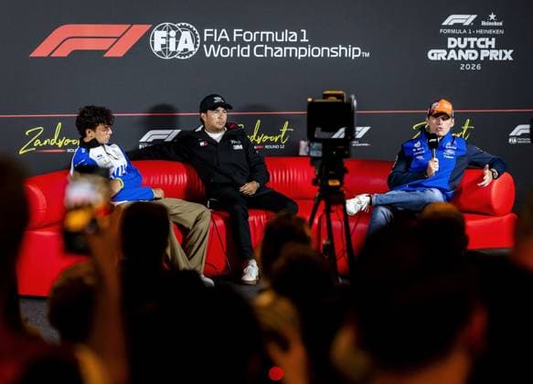 ZANDVOORT - (L-R) Arvid Lindblad (Racing Bulls), Sergio Perez (Cadillac) and Max Verstappen (Red Bull Racing) during a press conference, PK, Pressekonferenz at the Zandvoort Circuit ahead of the Dutch F1 Grand Prix. REMKO DE WAAL ANP xVIxANPxSportx xxANPxIVx 565866959 originalFilename: 565866959.jpg