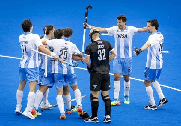 AMSTELVEEN - Matias Rey of Argentina celebrates Argentina s 4-1 during the group stage match at the Hockey World Cup between New Zealand and Argentina at the Wagener Stadium. KOEN VAN WEEL ANP xVIxANPxSportx xxANPxIVx 565866973 originalFilename: 565866973.jpg