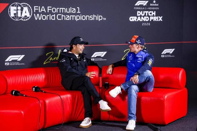 ZANDVOORT - (lr) Sergio Perez from Mexico, driver for Cadillac Formula 1 Team, in conversation with Max Verstappen from the Netherlands, driver for Oracle Red Bull Racing, during the press conference, PK, Pressekonferenz ahead of the Formula 1 Heineken Dutch Grand Prix at Circuit Zandvoort on August 20, 2026 in Zandvoort, the Netherlands. MARCEL TER BALS ANP xVIxANPxSportx xMarcelxterxBalsxIVx 565867682 originalFilename: 565867682.jpg