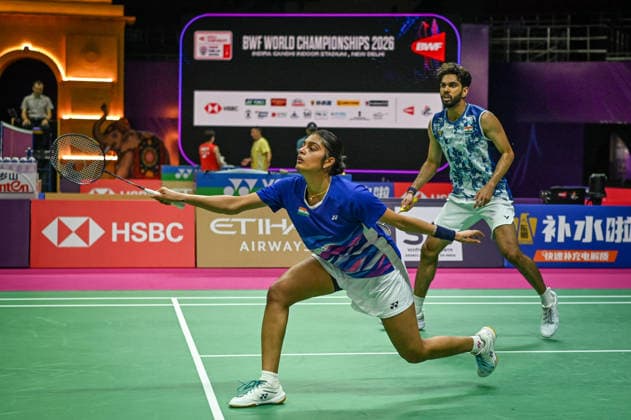 NEW DELHI, INDIA - AUGUST 20: Indian mixed doubles pair Dhruv Kapila and Tanisha Crasto compete against Chinese duo Guo Xin Wa and Chen Fang Hui during their mixed doubles pre-quarterfinal match on day four of the BWF World Championships 2026 at the Indira Gandhi Indoor Stadium on August 20, 2026, in New Delhi, India. (Photo by Sanchit Khanna Hindustan Times) BWF World Championships 2026