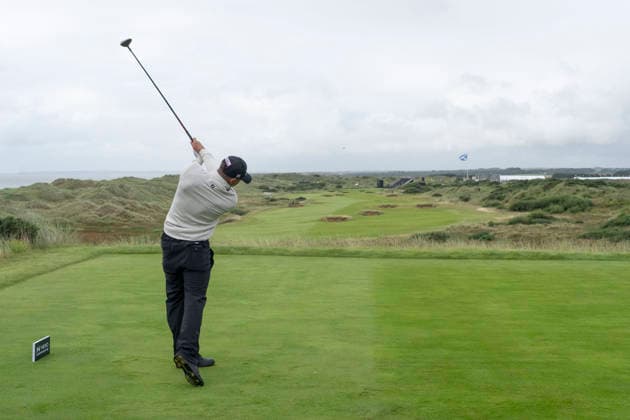 BALMEDIE, SCOTLAND - AUG 20: Grant Forrest (SCO) plays from the eighteenth tee during Round 1 at the 2026 Nexo Championship at the Trump International Golf Links, Balmedie on August 20, 2026 in Aberdeenshire, Scotland The 2026 Nexo Championship