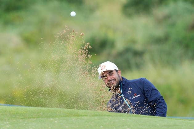 BALMEDIE, SCOTLAND - AUG 20: Shubhankar Sharma (IND) plays from a green side bunker on the 13th hole during Round 1 at the 2026 Nexo Championship at the Trump International Golf Links, Balmedie on August 20, 2026 in Aberdeenshire, Scotland The 2026 Nexo Championship