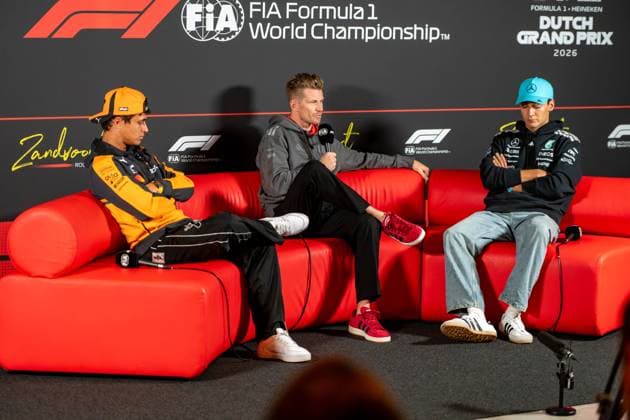 Lando Norris 1, McLaren Mastercard F1 Team, Nico Huelkenberg 27, Audi Revolut F1 Team, George Russell 63, Mercedes-AMG Petronas F1 Team,, Pressekonferenz, Pre-Events, Grosser Preis von Netherlands, Motorsport, Herren, Formel 1, 20.08.2026 Zandvoort Niederlande Niederlande *** Lando Norris 1, McLaren Mastercard F1 Team, Nico Hülkenberg 27, Audi Revolut F1 Team, George Russell 63, Mercedes AMG Petronas F1 Team, Press Conference, Pre-Event Activities, Dutch Grand Prix, Motorsports, Men, Formula 1, August 20, 2026, Zandvoort, Netherlands, Netherlands Copyright: xkolbert-press MartinxWdziecznyx