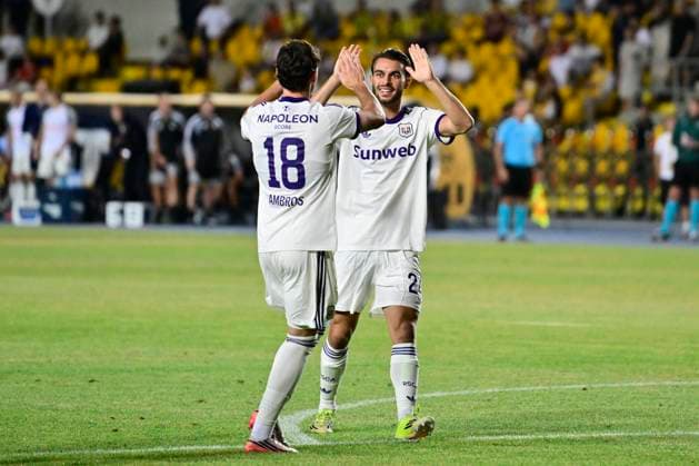 Kairat Almaty v RSC Anderlecht - UEFA Europa League ALMATY, KAZACHSTAN - AUGUST 20 : Ambros Lukas midfielder of RSC Anderlecht, Llansana Enric midfielder of RSC Anderlecht during the UEFA Europa League 2026 27 play-off round first leg between Kairat Almaty and RSC Anderlecht on August 20, 2026 in Almaty, Kazachstan, 20 08 2026 Almaty Kazachstan  Copyright: xJanxDexMeuleneirx