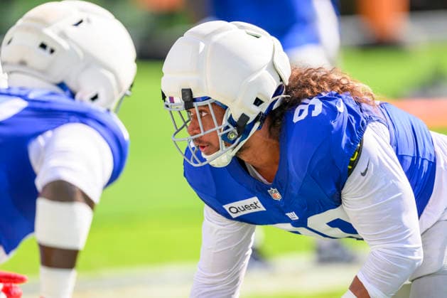 MIAMI GARDENS, FL - AUGUST 20: New York Giants defensive tackle Leki Fotu (90) perform a blocking drill during a New York Giants and Miami Dolphins joint practice at the Miami Dolphins Training Camp on August 20 2026, at the Baptist Health Training Complex in Miami Gardens, FL. (Photo by Doug Murray Icon Sportswire) NFL, American Football Herren, USA AUG 20 Giants-Dolphins Joint Practice EDITORIAL USE ONLY Icon796260820014