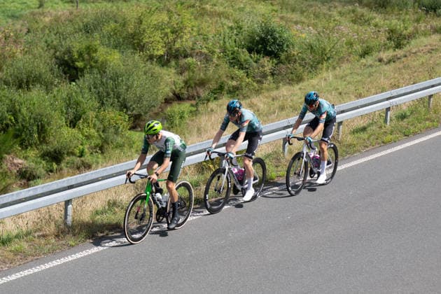 Lidl Deutschland Tour, Etappe 1, 20.08.2026 Spitzengruppe: Ellande Larronde (FRA, Caja Rural - Seguros RGA), Ole Theiler (GER, REMBE rad-net), Miguel Heidemann (GER, REMBE rad-net) Germany *** Lidl Germany Tour, Stage 1, August 20, 2026 Leading group: Ellande Larronde (FRA), Caja Rural Seguros (RGA), Ole Theiler (GER), REMBE rad net, Miguel Heidemann (GER), REMBE rad net Germany Copyright: xCarlaxHilgerx