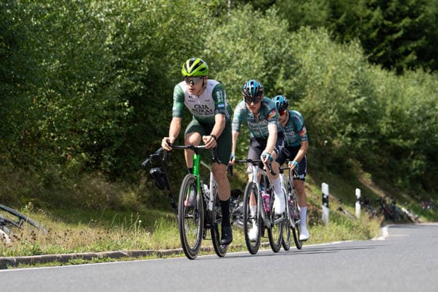 Lidl Deutschland Tour, Etappe 1, 20.08.2026 Spitzengruppe: Ellande Larronde (FRA, Caja Rural - Seguros RGA), Ole Theiler (GER, REMBE rad-net), Miguel Heidemann (GER, REMBE rad-net) Germany *** Lidl Germany Tour, Stage 1, August 20, 2026 Leading group: Ellande Larronde (FRA), Caja Rural Seguros (RGA), Ole Theiler (GER), REMBE rad net, Miguel Heidemann (GER), REMBE rad net Germany Copyright: xCarlaxHilgerx