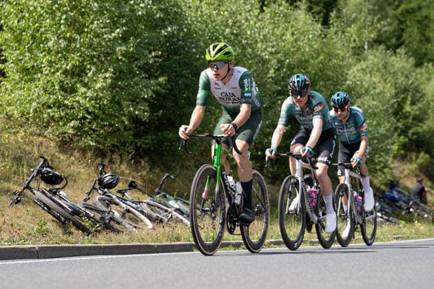 Lidl Deutschland Tour, Etappe 1, 20.08.2026 Spitzengruppe: Ellande Larronde (FRA, Caja Rural - Seguros RGA), Ole Theiler (GER, REMBE rad-net), Miguel Heidemann (GER, REMBE rad-net) Germany *** Lidl Germany Tour, Stage 1, August 20, 2026 Leading group: Ellande Larronde (FRA), Caja Rural Seguros (RGA), Ole Theiler (GER), REMBE rad net, Miguel Heidemann (GER), REMBE rad net Germany Copyright: xCarlaxHilgerx