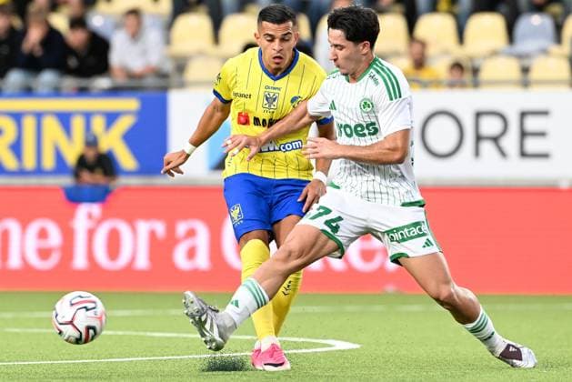 STVV s Ilias Sebaoui and Omonoia s Panagiotis Andreou pictured in action during a soccer game between Belgian Sint-Truidense V.V. and Cypriot AC Omonoia Nicosia, Thursday 20 August 2026 in Sint-Truiden, the first leg of the play-off round for the UEFA Europa League league phase. JILLxDELSAUX  x183847544x