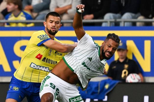 STVV s Visar Musliu and Omonoia s LoÃ¯s Diony pictured in action during a soccer game between Belgian Sint-Truidense V.V. and Cypriot AC Omonoia Nicosia, Thursday 20 August 2026 in Sint-Truiden, the first leg of the play-off round for the UEFA Europa League league phase. JILLxDELSAUX  x183847840x