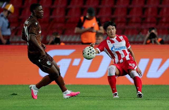 Crvena Zvezda v Viktoria Plzen, UEFA Europa League, play-offs, 1st leg Season 2026 2027 Belgrade, Serbia. 20th August, 2026. Crvena Zvezda s Seol Youngwoo during the UEFA Europa League play-offs, 1st leg football match between Crvena Zvezda (Red Star) and Viktoria Plzen at the Rajko Mitic Stadium on August 20, 2026 in Belgrade, Serbia. Belgrade Serbia Copyright: xPedjaxMilosavljevicx x