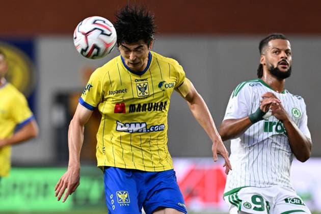 STVV s Shogo Taniguchi and Omonoia s LoÃ¯s Diony pictured in action during a soccer game between Belgian Sint-Truidense V.V. and Cypriot AC Omonoia Nicosia, Thursday 20 August 2026 in Sint-Truiden, the first leg of the play-off round for the UEFA Europa League league phase. JILLxDELSAUX  x183849217x