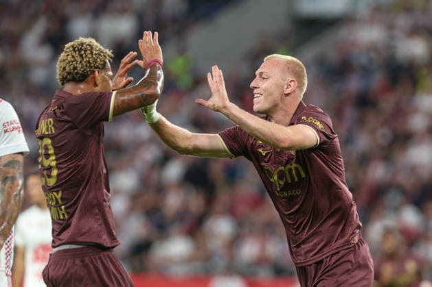 20.08.2026, Zabrze Liga Konferencji UEFA sezon 2026 27 runda IV kwalifikacji, Gornik Zabrze - AS Monaco - UEFA Conference League football Match season 2026 27 round IV qualification Gornik Zabrze - AS Monaco Nz. Mika Biereth Paris Brunner radosc celebrate Monaco Fot. Michal Chwieduk Arena Akcji NEWSPIX.PL --- newspix.pl POLAND OUT! 