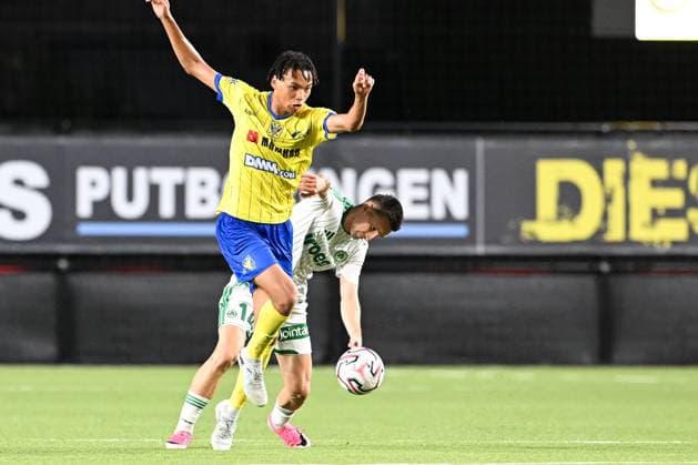 STVV s Nelson Ishiwatari and Omonoia s Mateo MariÄ‡ pictured in action during a soccer game between Belgian Sint-Truidense V.V. and Cypriot AC Omonoia Nicosia, Thursday 20 August 2026 in Sint-Truiden, the first leg of the play-off round for the UEFA Europa League league phase. JILLxDELSAUX  x183850651x