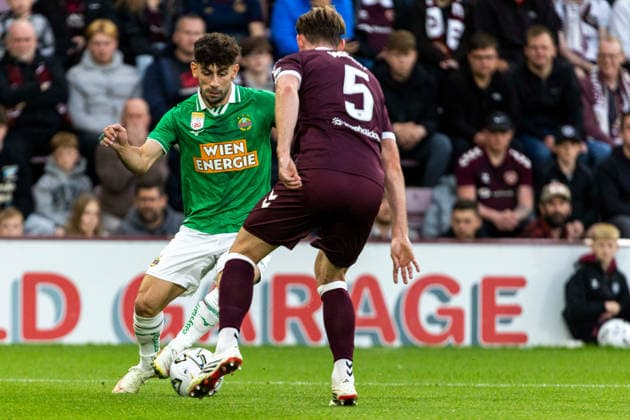 SOCCER - UEFA ECL, Hearts vs Rapid EDINBURGH,SCOTLAND,20.AUG.26 - SOCCER - UEFA Conference League, play-off, Heart of Midlothian FC vs SK Rapid Wien. Image shows the rejoicing of Serge-Philippe Raux-Yao and Ercan Kara (Rapid).  GEPAxpictures xPhilippxBrem