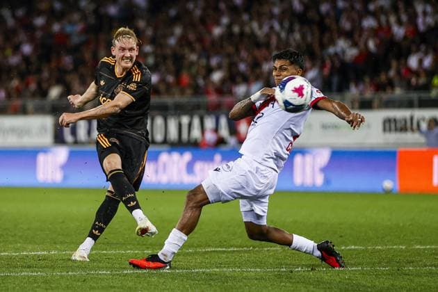 SION , 2008-2026, Stade de Tourbillon , season 2026 2027 , UEFA Conference League play-off football . Match between FC Sion and Ajax, Picture shows Ajax player Julian Brandt scores the 1-1 Sion - Ajax  x205877174x Copyright: