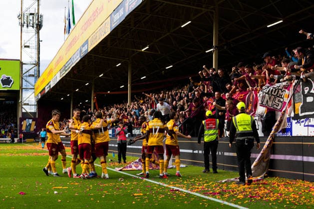 Motherwell v Freiburg, UEFA Conference League, Play Off First Leg Motherwell celebrate going in front during the UEFA Conference League match between Motherwell and Freiburg at Fir Park, Motherwell, UK on 20 August 2026. Editorial use only , Copyright: xRaymondxDaviesx PSI-24727-0016