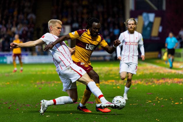 Motherwell v Freiburg, UEFA Conference League, Play Off First Leg Regan Charles-Cook (17 - Motherwell) receives a hard tackle during the UEFA Conference League match between Motherwell and Freiburg at Fir Park, Motherwell, UK on 20 August 2026. Editorial use only , Copyright: xRaymondxDaviesx PSI-24727-0020