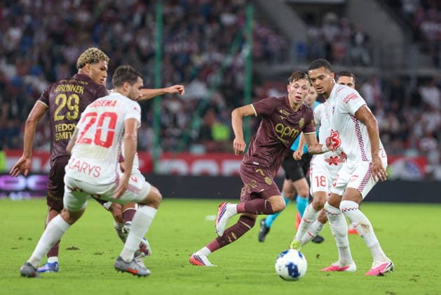 20.08.2026, Zabrze Liga Konferencji UEFA sezon 2026 27 runda IV kwalifikacji, Gornik Zabrze - AS Monaco - UEFA Conference League football Match season 2026 27 round IV qualification Gornik Zabrze - AS Monaco Nz. Paris Brunner Josema Sanchez Mathys Detourbet Maximilian Dietz Fot. Michal Chwieduk Arena Akcji NEWSPIX.PL --- newspix.pl POLAND OUT! 