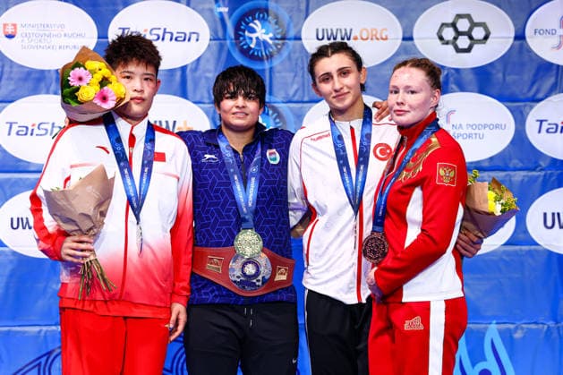 U20 World Championships Podium 76kg WW - Gold: Kajal Kajal (IND), Silver: Jingru Sun (CHN), Bronze: Elmira Yasin (TUR), Diana Titova (RUS) *** U20 World Championships Podium, 76 kg WW: Gold – Kajal Kajal (IND); Silver – Jingru Sun (CHN); Bronze – Elmira Yasin (TUR) and Diana Titova (RUS) Copyright: xJakexKirkmanx