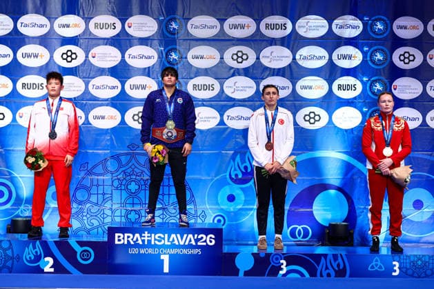 U20 World Championships Podium 76kg WW - Gold: Kajal Kajal (IND), Silver: Jingru Sun (CHN), Bronze: Elmira Yasin (TUR), Diana Titova (RUS) *** U20 World Championships Podium, 76 kg WW: Gold – Kajal Kajal (IND); Silver – Jingru Sun (CHN); Bronze – Elmira Yasin (TUR) and Diana Titova (RUS) Copyright: xJakexKirkmanx
