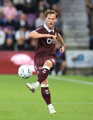 Heart of Midlothian v SK Rapid Wien UEFA Europa Conference League Jamie McCart of Heart of Midlothian on the ball during the UEFA Europa Conference League Play-Off First Leg match at Tynecastle Park, Edinburgh 20 08 2026 UK Newspapers OUT Copyright: xFredxPalmerx FIL-23809-0068