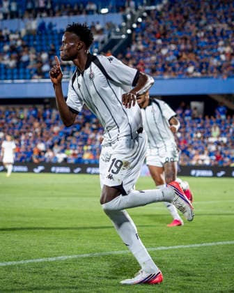 Getafe CF v FK Partizan - UEFA Conference League 2026 27 Play-Off Round First Leg Demba Sek of FK Partizan celebrates his goal during the UEFA Conference League 2026 27 play-off round first leg football match between Getafe CF and FK Partizan at Estadio Coliseum on August 20, 2026 in Getafe, Spain. Getafe Estadio Coliseum Madrid Spain Copyright: xAlbertoxGardinx AGardin_20260820_Foot_Geta_Par_0074