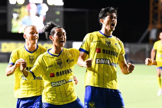STVV s Shogo Taniguchi celebrates after scoring during a soccer game between Belgian Sint-Truidense V.V. and Cypriot AC Omonoia Nicosia, Thursday 20 August 2026 in Sint-Truiden, the first leg of the play-off round for the UEFA Europa League league phase. JILLxDELSAUX  x183852998x