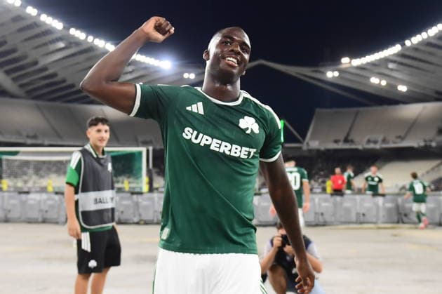 UEFA Conference League, Panathinaikos vs Hradec Kralove - Andrews Tetteh of Panathinaikos celebrates after scoring the 1-0 against Hradec Kralove during the UEFA Conference LeaguePlay-offs 1st leg soccer match between Panathinaikos vs Hradec Kralove, held at Olympic Athletic Center of Athens Spyros Louis in Athens, Greece, on 20 August 2026. IMAGO ONE INCH PRODUCTIONS ATHENS GREECE Copyright: xOnexInchxProductionsx 7061156