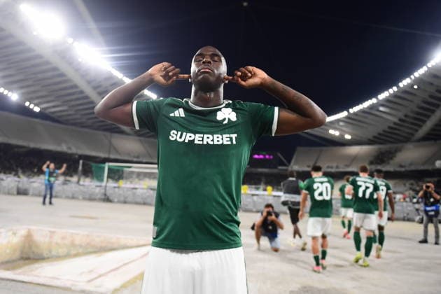 UEFA Conference League, Panathinaikos vs Hradec Kralove - Andrews Tetteh of Panathinaikos celebrates after scoring the 1-0 against Hradec Kralove during the UEFA Conference LeaguePlay-offs 1st leg soccer match between Panathinaikos vs Hradec Kralove, held at Olympic Athletic Center of Athens Spyros Louis in Athens, Greece, on 20 August 2026. IMAGO ONE INCH PRODUCTIONS ATHENS GREECE Copyright: xOnexInchxProductionsx 7061164