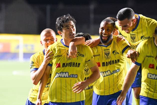 STVV s Shogo Taniguchi celebrates after scoring during a soccer game between Belgian Sint-Truidense V.V. and Cypriot AC Omonoia Nicosia, Thursday 20 August 2026 in Sint-Truiden, the first leg of the play-off round for the UEFA Europa League league phase. JILLxDELSAUX  x183853018x