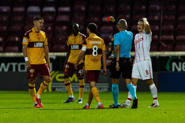 Motherwell v Freiburg, UEFA Conference League, Play Off First Leg Martin Moormann (5 - Motherwell) sees red for a challenge in the box during the UEFA Conference League match between Motherwell and Freiburg at Fir Park, Motherwell, UK on 20 August 2026. Editorial use only , Copyright: xRaymondxDaviesx PSI-24727-0023
