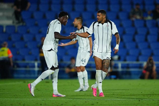Getafe CF v FK Partizan - UEFA Conference League 2026 27 Play-offs 1st Leg Demba Sek of FK Partizan celebrates his team s first goal with Jeh of FK Partizan during the UEFA Conference League 2026 27 play-offs first leg match between Getafe CF and FK Partizan at Estadio Coliseum on August 20, 2026 in Getafe, Spain. Getafe Estadio Coliseum Madrid Spain Copyright: xGokhanxTanerx xPSxImagesxGokhanxTanerx
