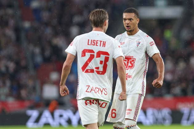 20.08.2026, Zabrze Liga Konferencji UEFA sezon 2026 27 runda IV kwalifikacji, Gornik Zabrze - AS Monaco - UEFA Conference League football Match season 2026 27 round IV qualification Gornik Zabrze - AS Monaco Nz. Sondre Liseth radosc Maximilian Dietz Fot. Michal Chwieduk Arena Akcji NEWSPIX.PL --- newspix.pl POLAND OUT! 