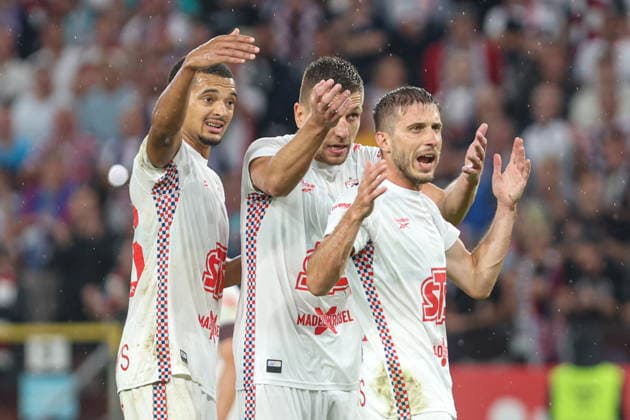 20.08.2026, Zabrze Liga Konferencji UEFA sezon 2026 27 runda IV kwalifikacji, Gornik Zabrze - AS Monaco - UEFA Conference League football Match season 2026 27 round IV qualification Gornik Zabrze - AS Monaco Nz. Maximilian Dietz Rafal Janicki Michal Sacek Fot. Michal Chwieduk Arena Akcji NEWSPIX.PL --- newspix.pl POLAND OUT! 