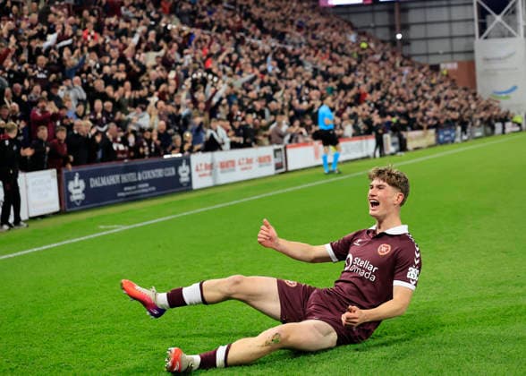 Heart of Midlothian v SK Rapid Wien UEFA Europa Conference League James Wilson of Heart of Midlothian celebrates scoring his teams second goal during the UEFA Europa Conference League Play-Off First Leg match at Tynecastle Park, Edinburgh 20 08 2026 UK Newspapers OUT Copyright: xFredxPalmerx FIL-23809-0079