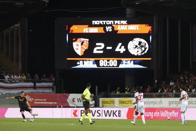 SION , 2008-2026, Stade de Tourbillon , season 2026 2027 , UEFA Conference League play-off football . Match between FC Sion and Ajax, Picture shows end result 2-4 Sion - Ajax  x205878049x Copyright: