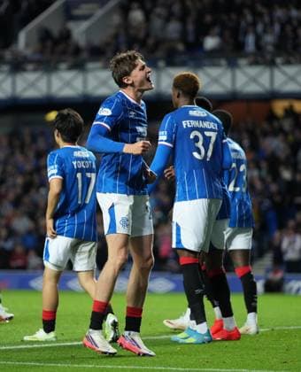 Ryan Naderi of Rangers celebrates with team mates after scoring to give Rangers a 1-0 lead. Rangers v Jablonec, UEFA Conference League, Play-Off Round, First Leg, Football, Ibrox Stadium, Glasgow, Scotland, UK - 20 Aug 2026Glasgow Ibrox Stadium Scotland United Kingdom  Copyright: xStuartxWallace Shutterstockx 17108686bf